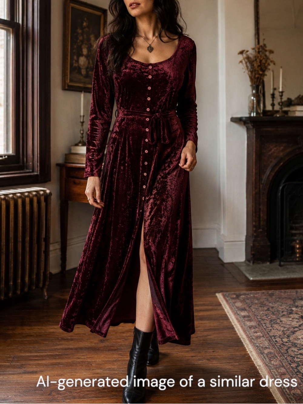 90s Witchy Burgundy Crushed Velvet Button Front Dress Long Sleeve Romantic Goth
